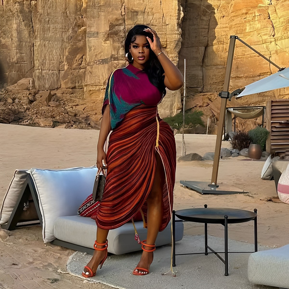 Women Print Pleated Irregular Dress