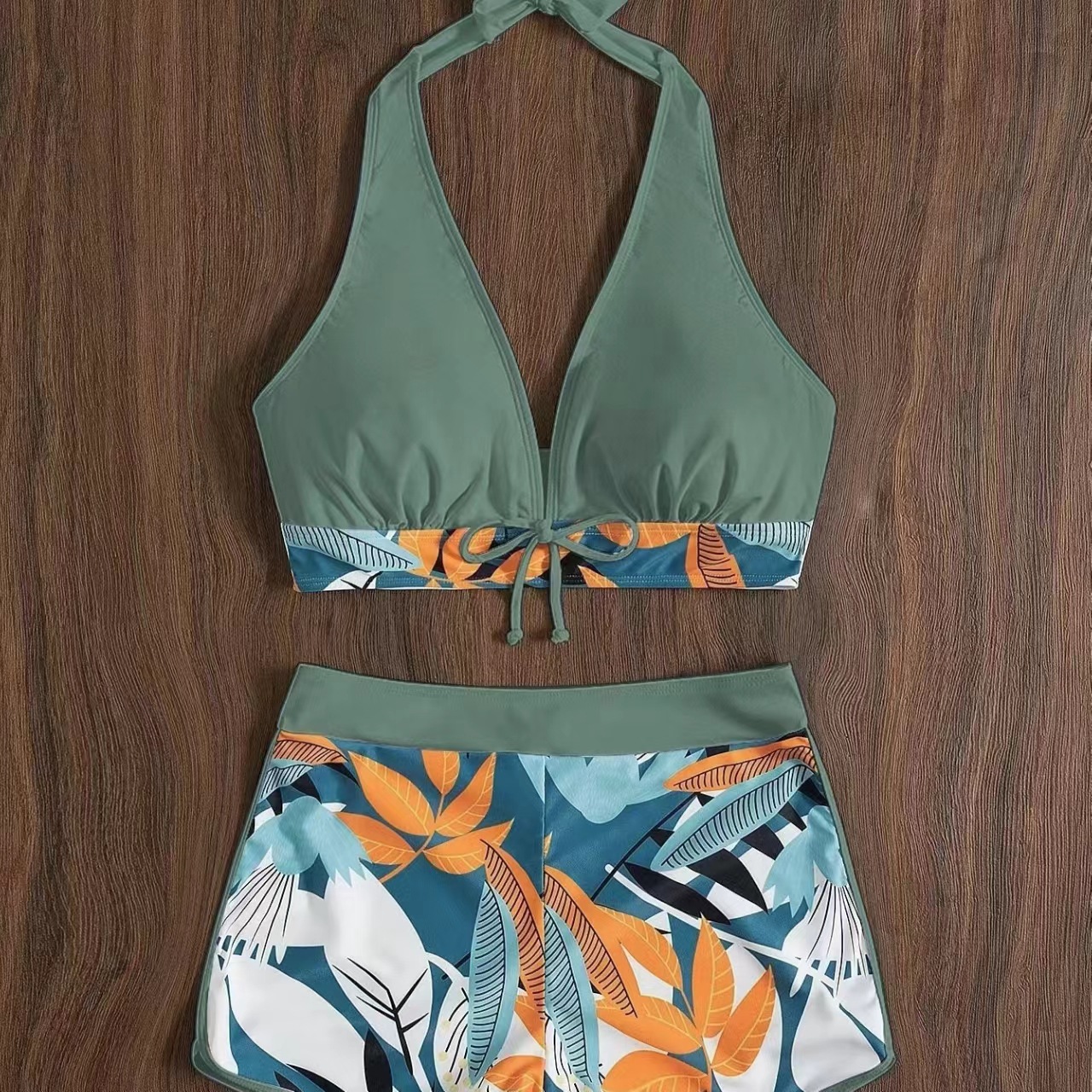 Women's Swimsuit Two Pieces High Waist Patchwork Tie Square Leg Varsity Sport Surf Bikini