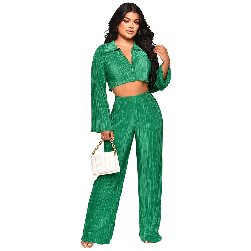 Women Solid Sexy Shirt and Casual Pants Two Piece Set