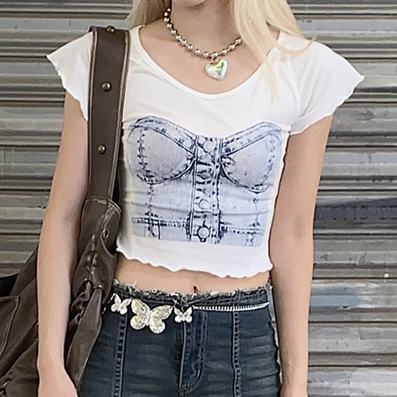 Women Casual Print Ruffle Edge Round Neck Short Sleeve T-Shirt