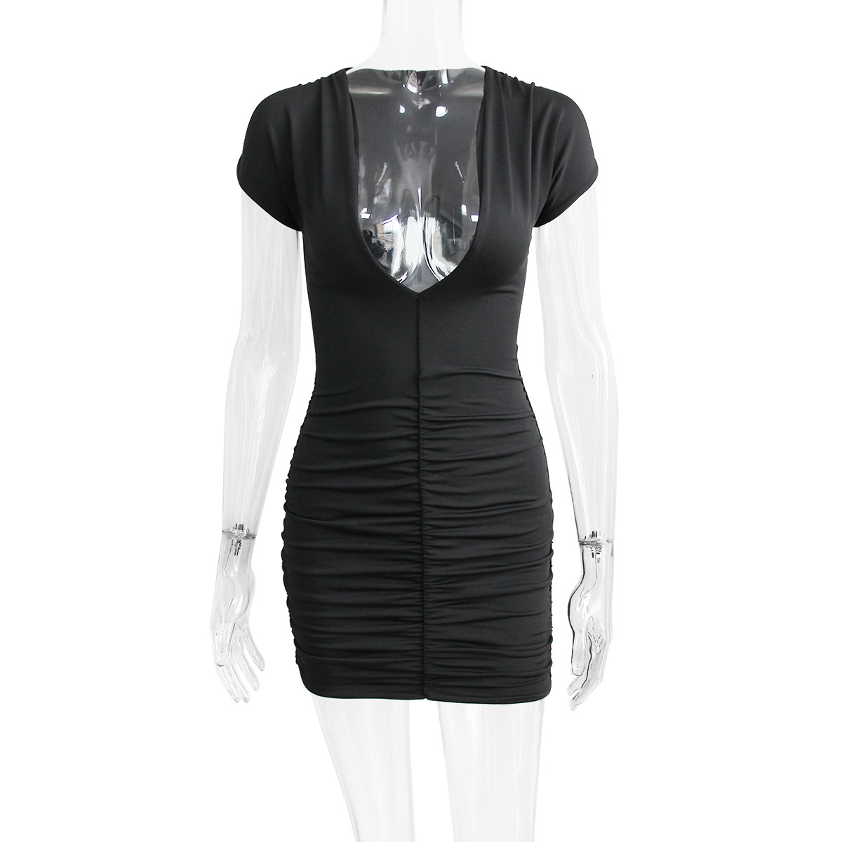 Women's Sexy V Neck Pleated Bodycon Dress