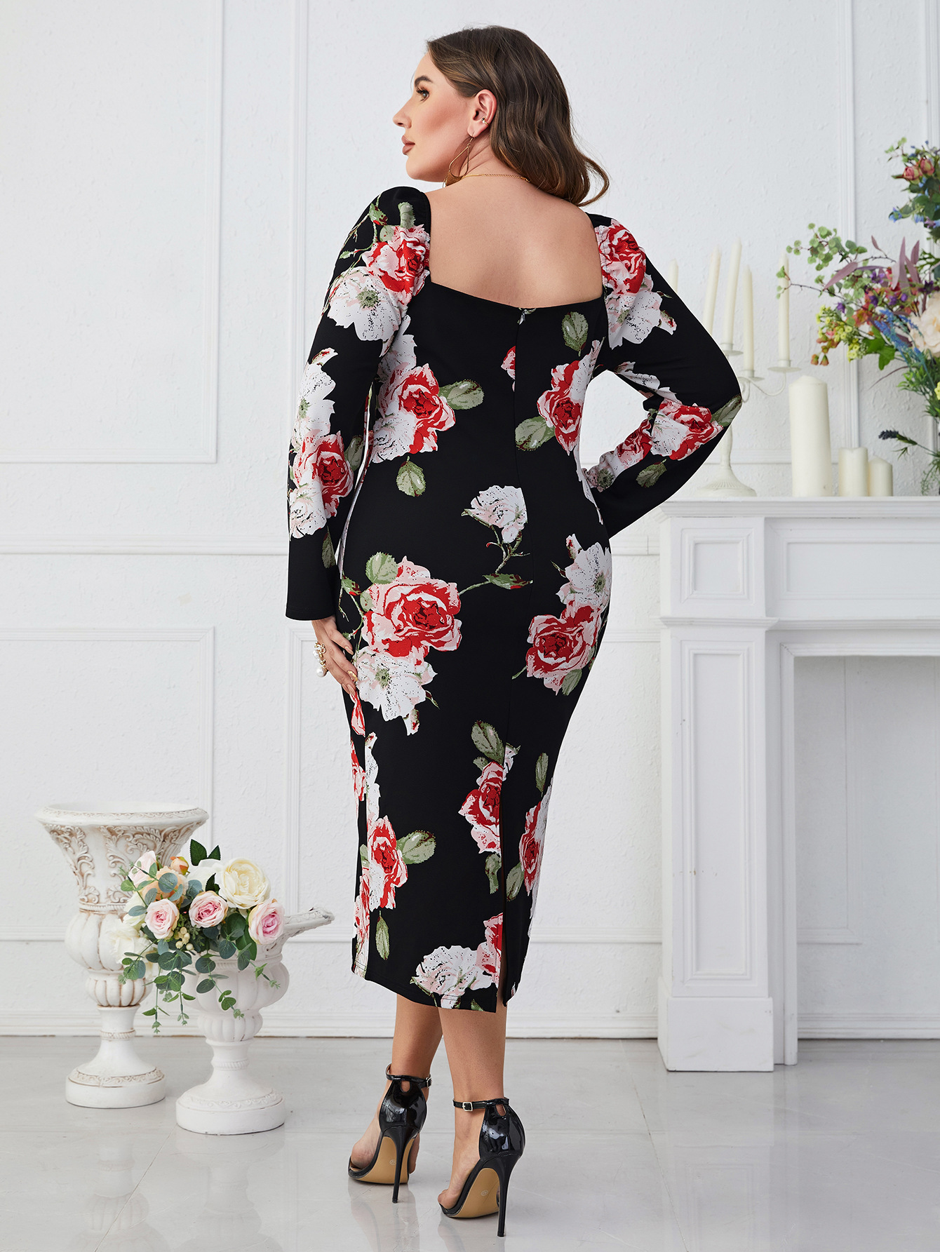 Plus Size Printed Square Neck Slim Waist Bodycon Long Sleeve Dress