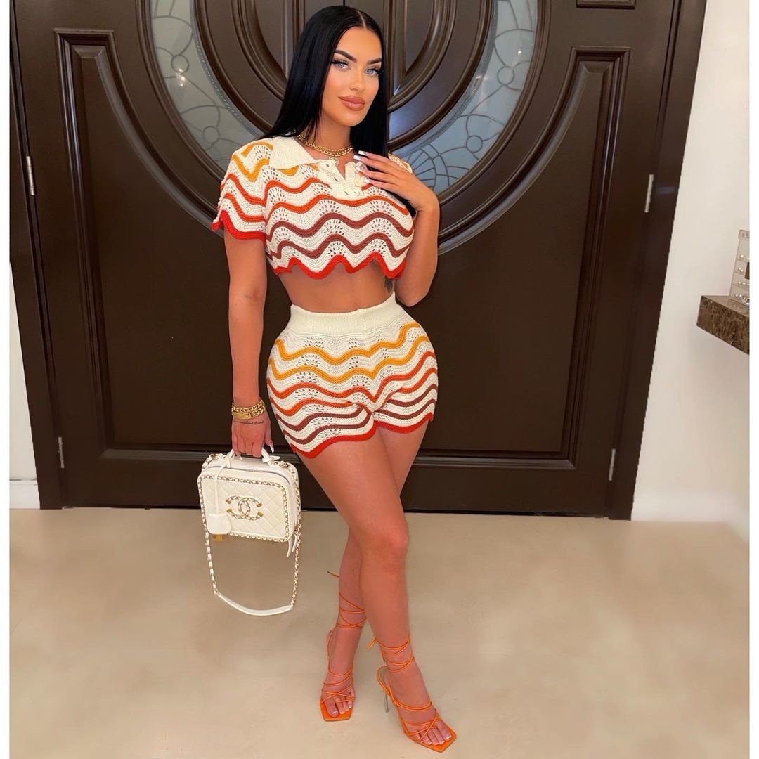Women Knitting Casual Stripe Short Sleeve Top and Shorts Two Piece Set