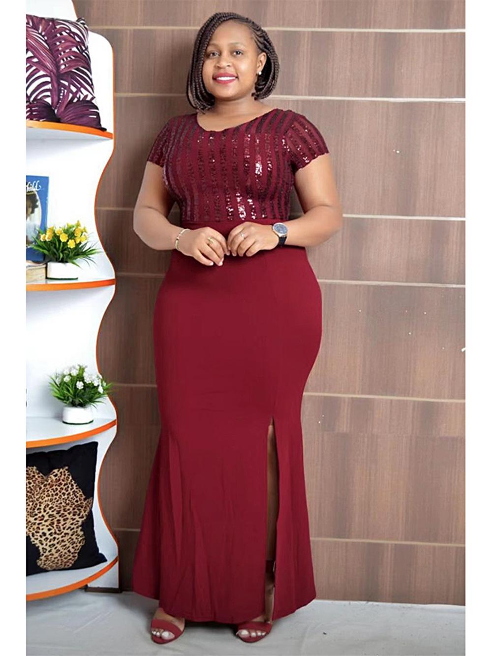 Plus Size African Dress Party Round Neck Solid Dress