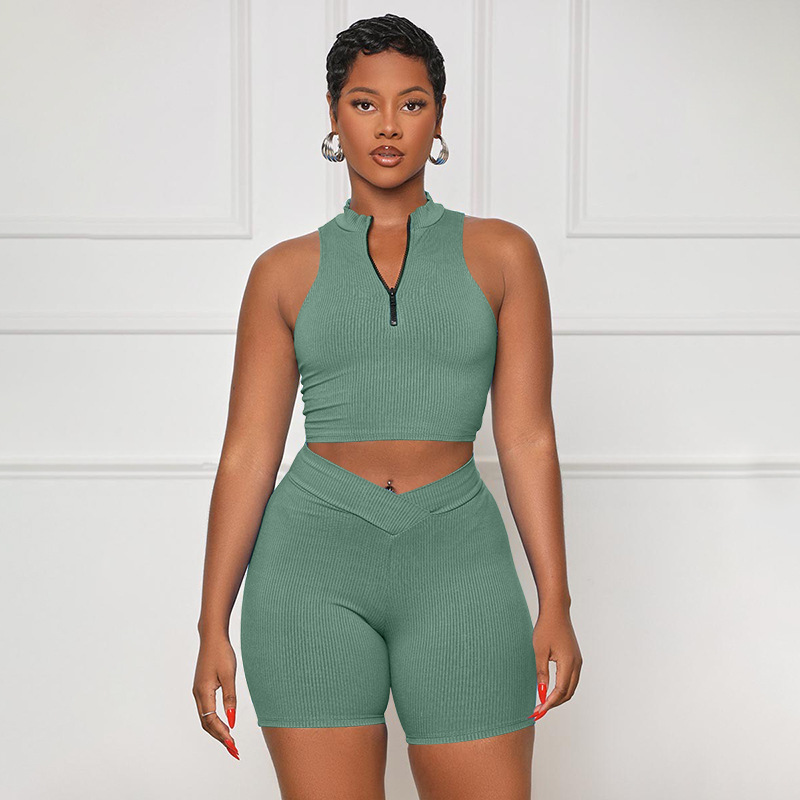 Women Summer Solid Sleeveless Zipper Collar Crop Top and Shorts Two Piece Set