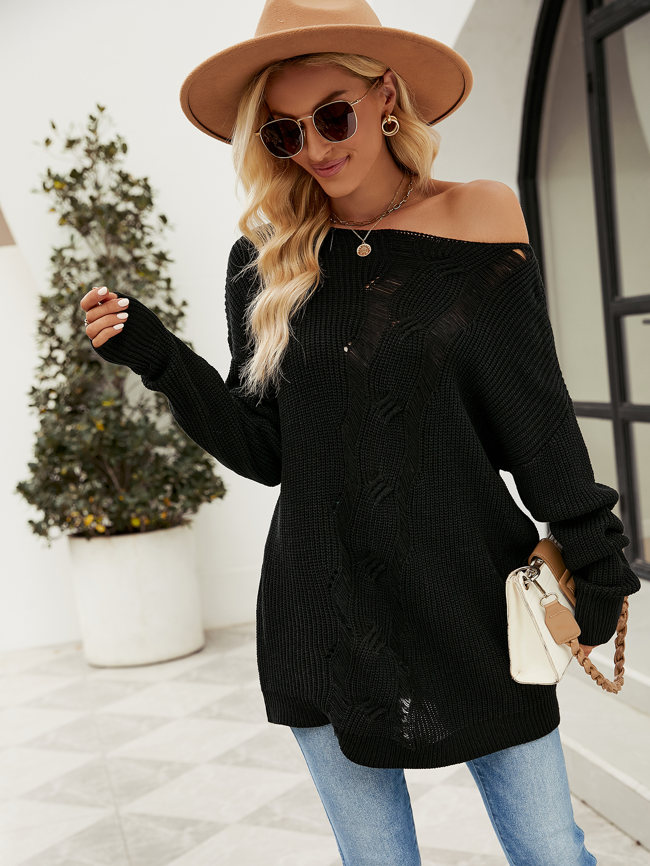 Women Solid Button Rope Knitting Oversized Sweater