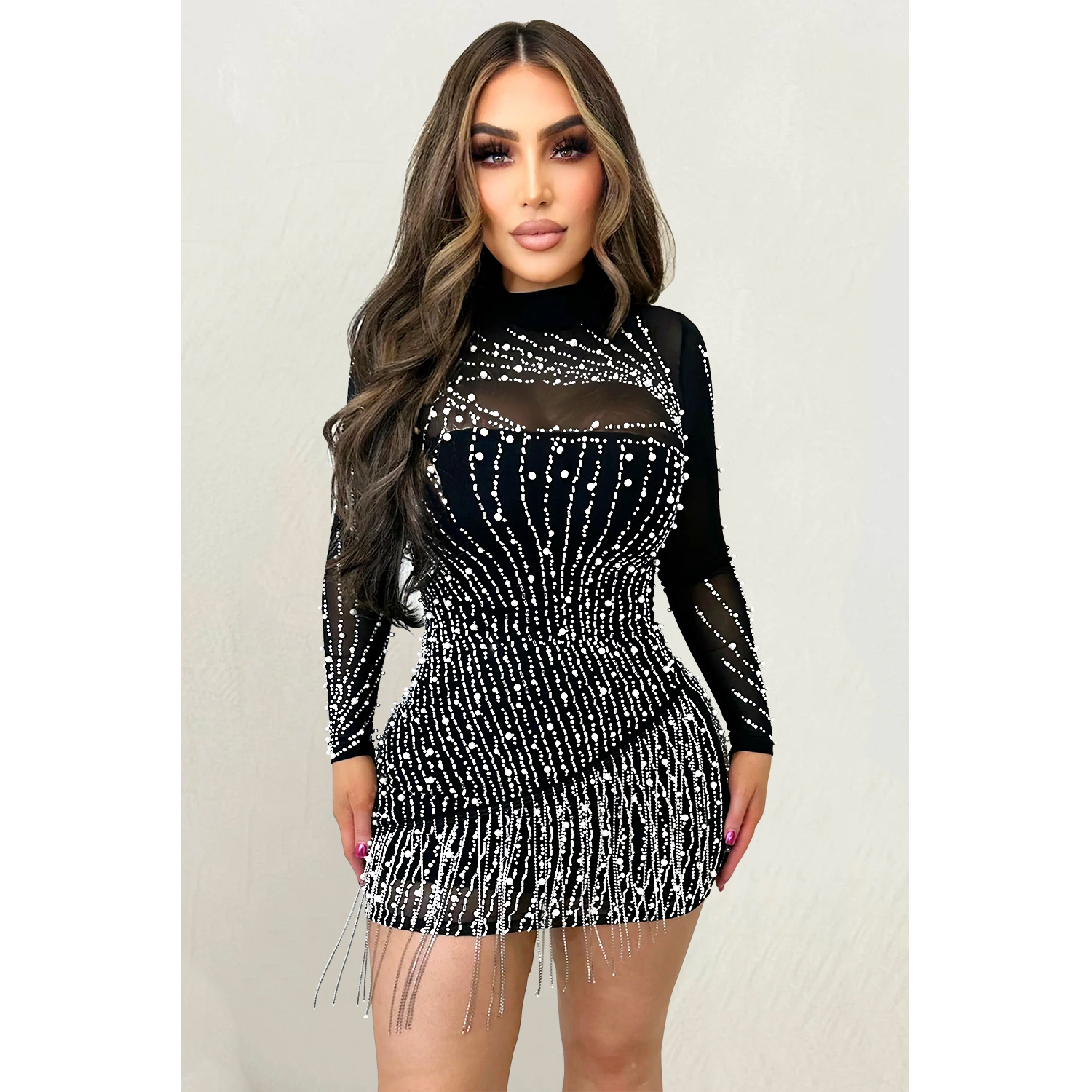 Women's Fashion Long Sleeve Mesh Beaded Bubble Bead Dress