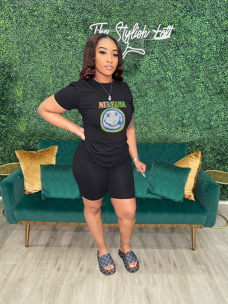 Women's Solid Color Short Sleeve print two piece shorts set