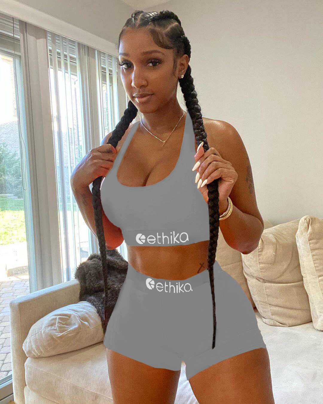 Women Solid Letter Print Top and Shorts Sport Two-Piece Set