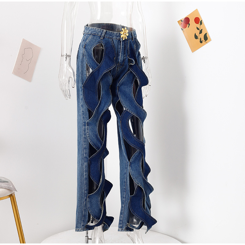 Women Summer Casual Cutout Metal Buckle Denim Pants