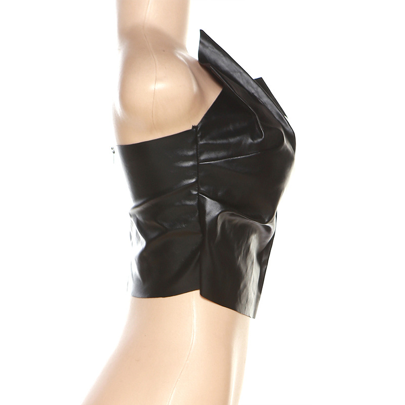 Summer Women Sexy pu Leather Solid Strapless Fold Top