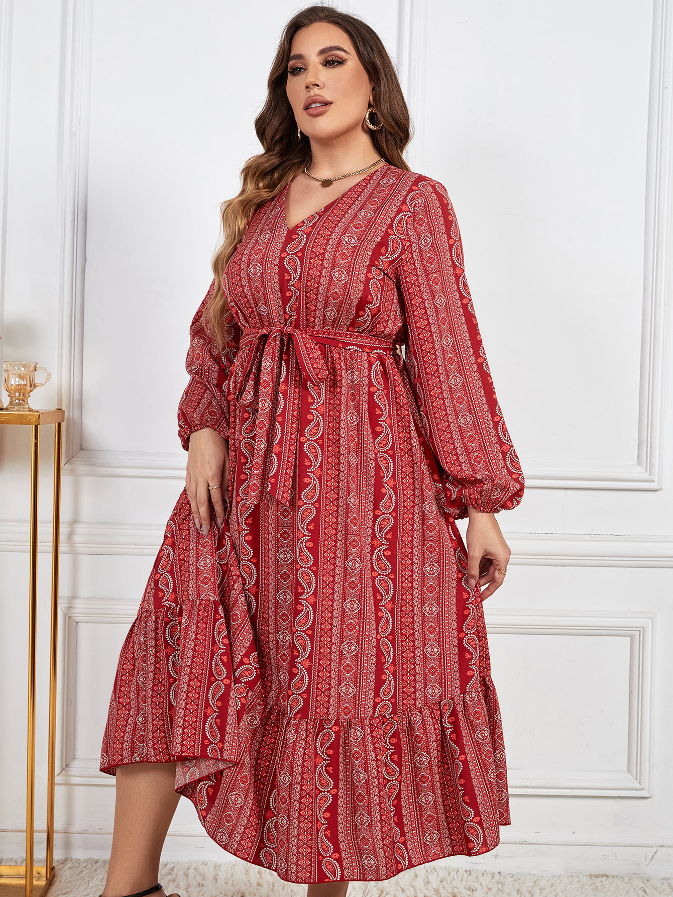 Women Solid Lace-Up V-Neck Long Sleeve Dress