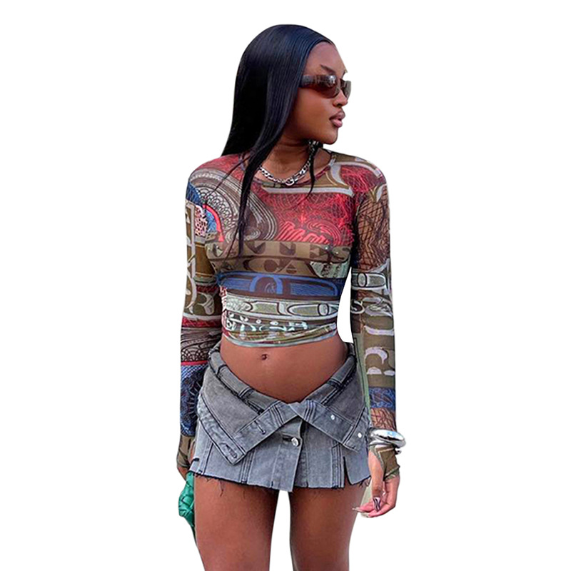 Women's Summer Sexy Mesh Digital Printing Round Neck Long Sleeve Crop Top