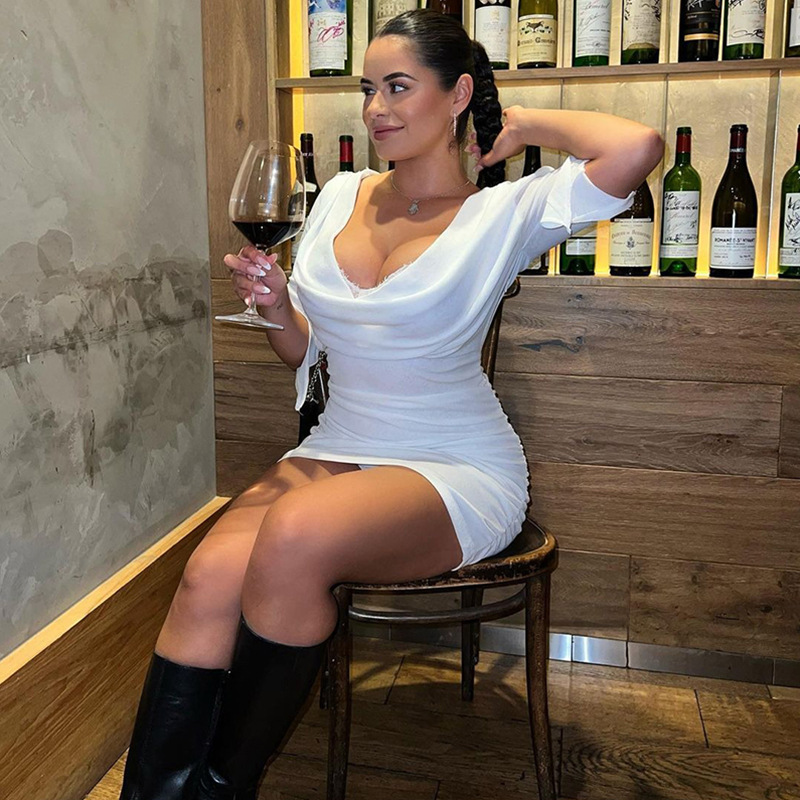 Women Summer Solid Sexy Drawstring Pleated Short Sleeve Dress