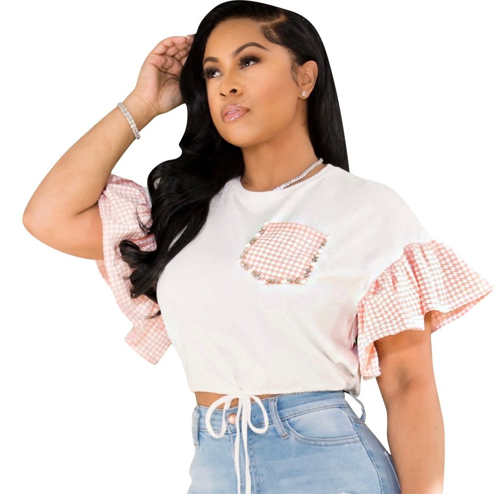 Women Round Neck Beaded Rhinestone Lace-Up Bell Bottom Sleeve Shirt