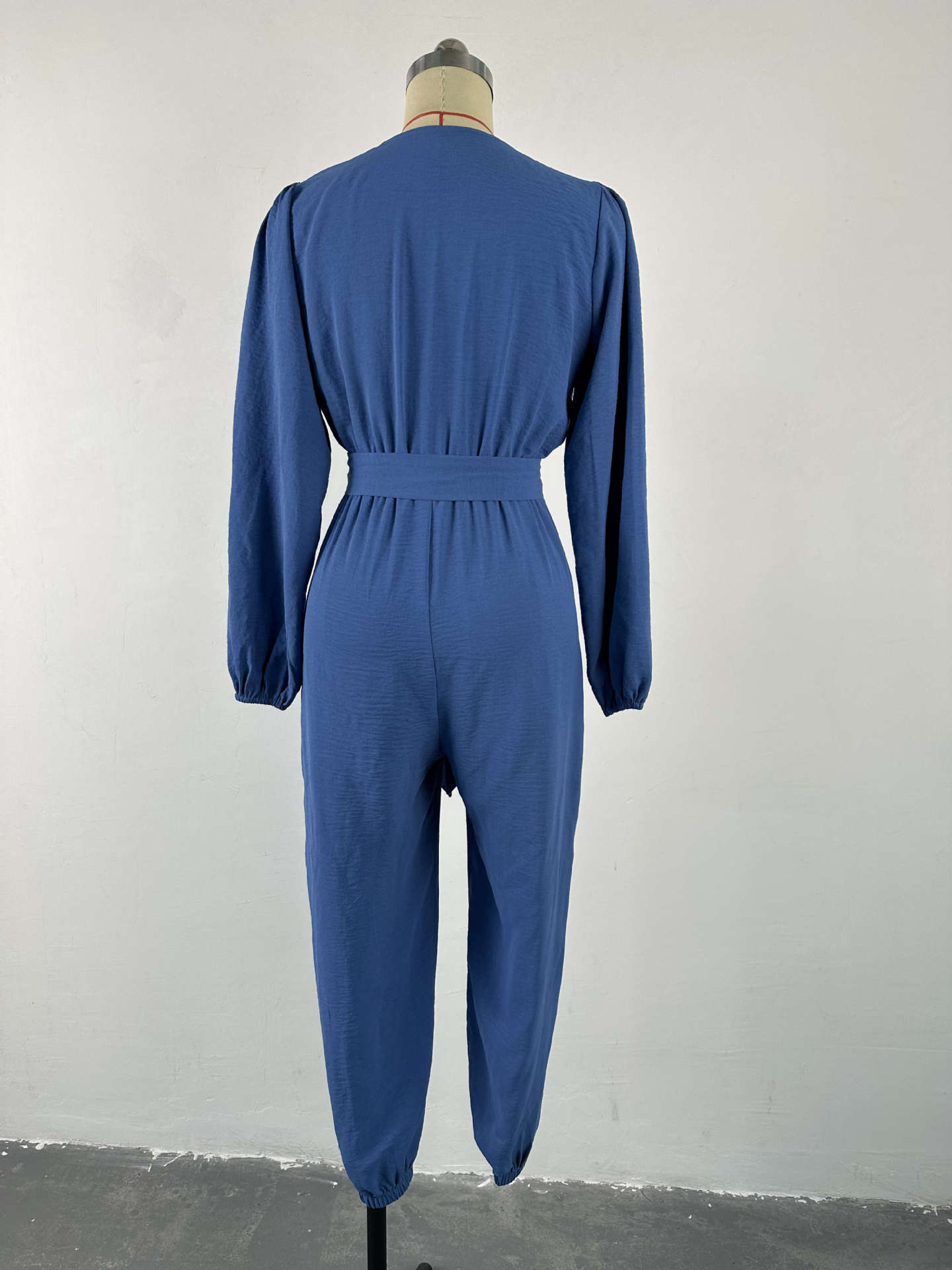 Women's summer wash wrinkled v-neck long-sleeved tie-up high waist jumpsuit