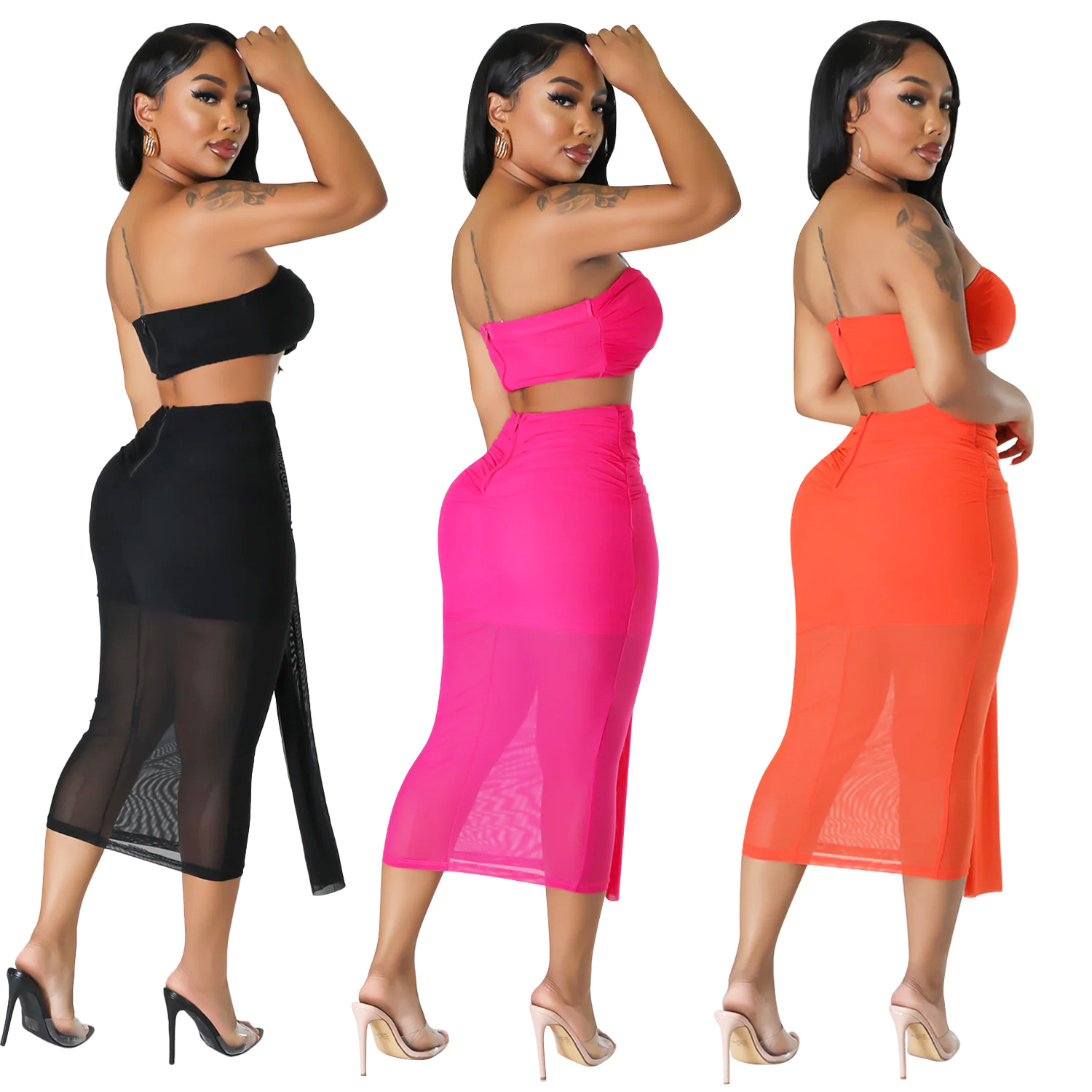 Summer women's sexy mesh See-Through skirt two-piece set