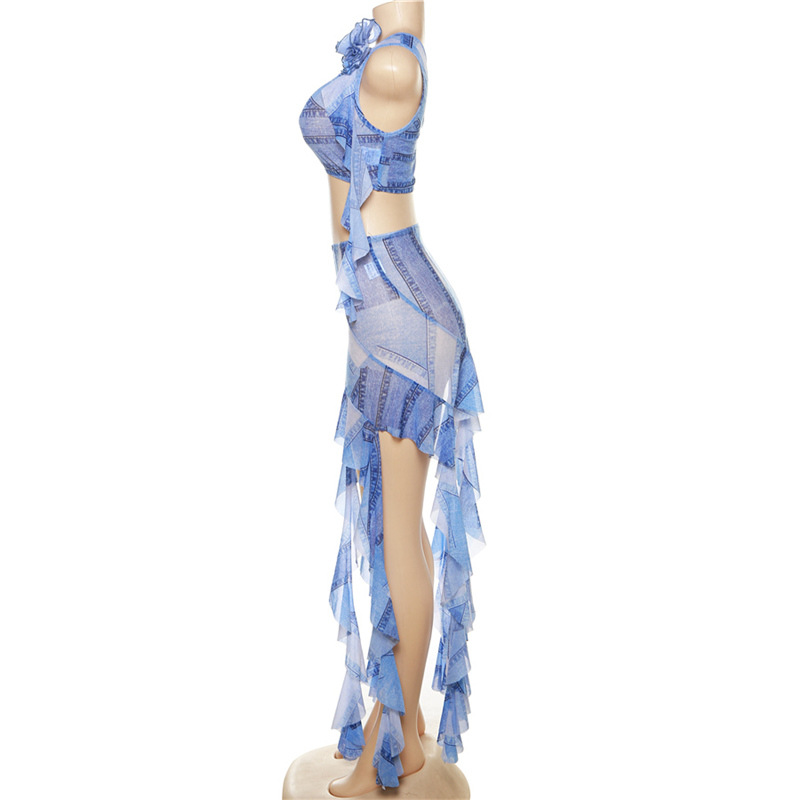 Summer Women Fashion Floral Slash Shoulder Style Tank Top Printed Fringe Ribbon Skirt Set