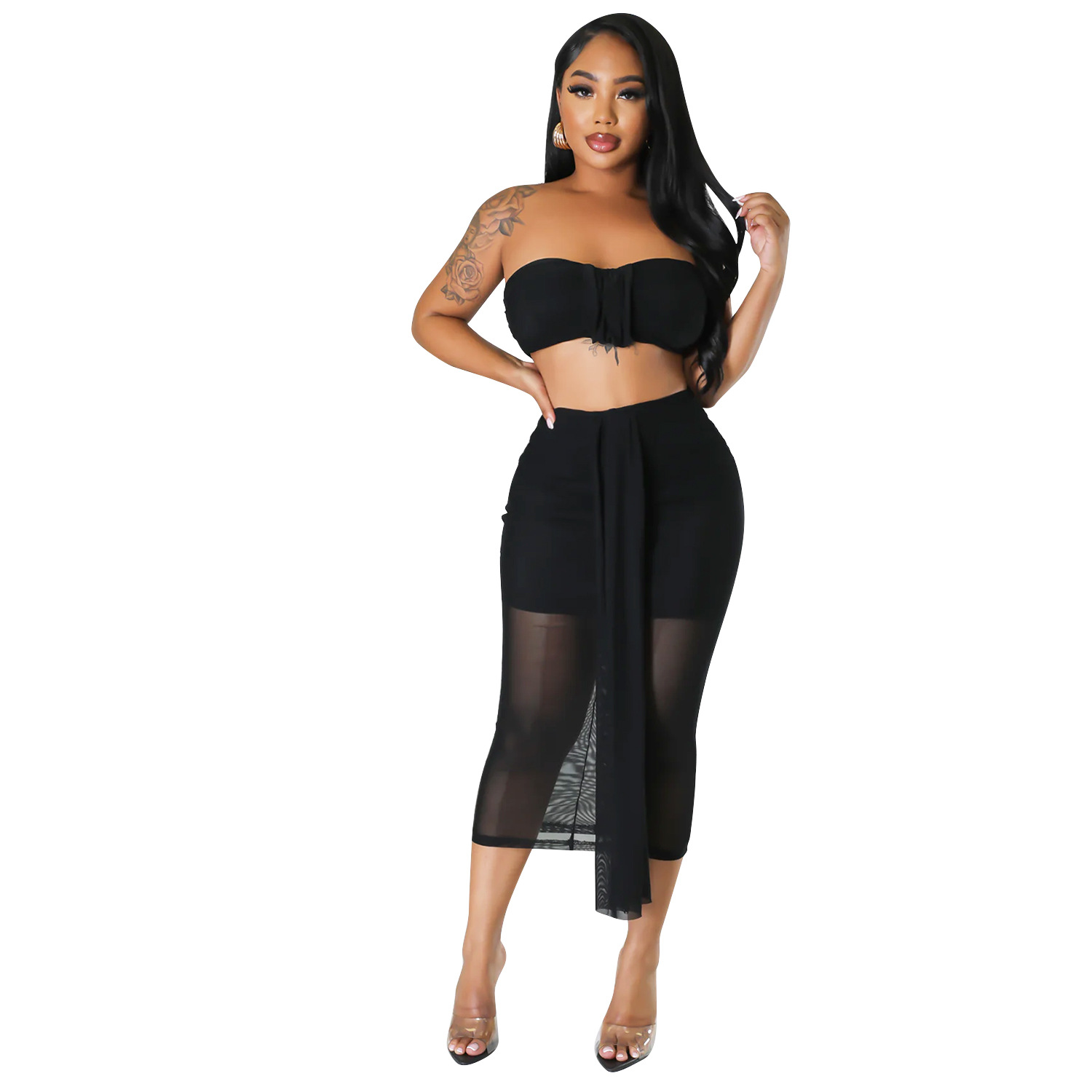 Summer women's sexy mesh See-Through skirt two-piece set
