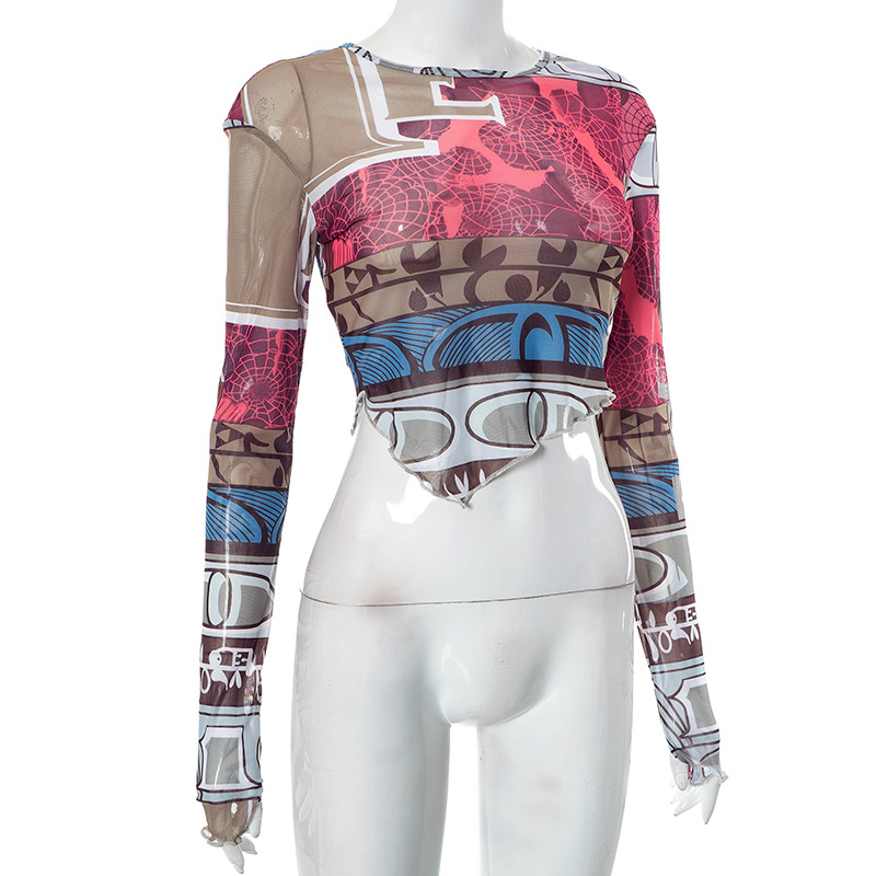Women's Summer Sexy Mesh Digital Printing Round Neck Long Sleeve Crop Top
