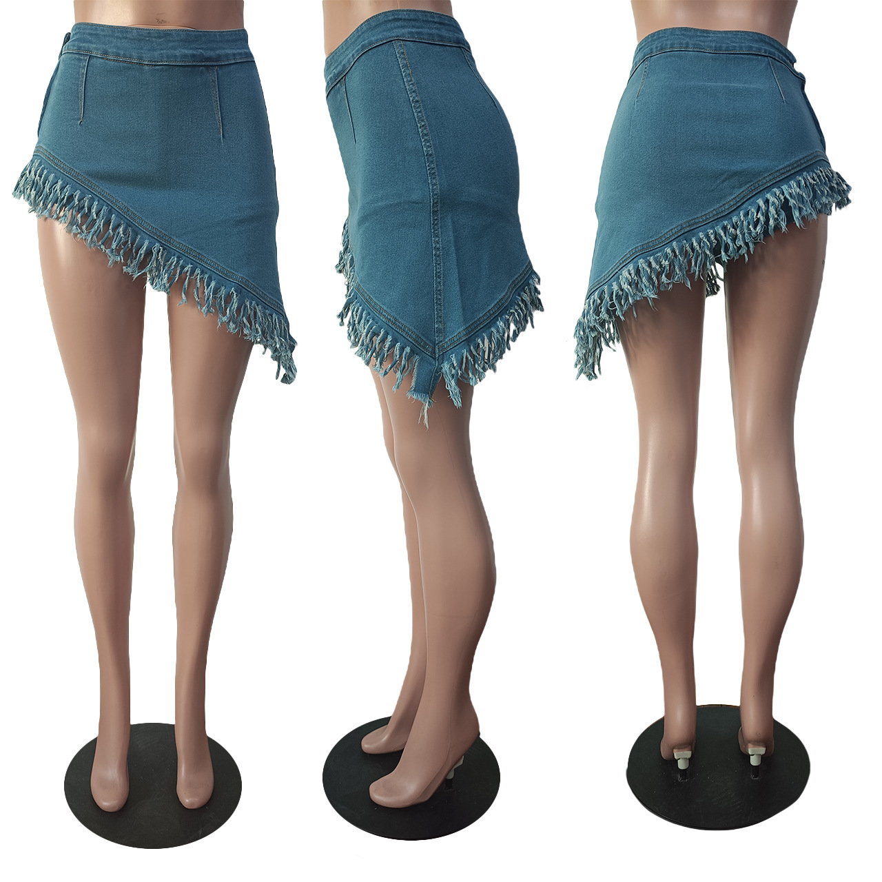Women Denim Stretch Diagonal Apron Fringed Shorts