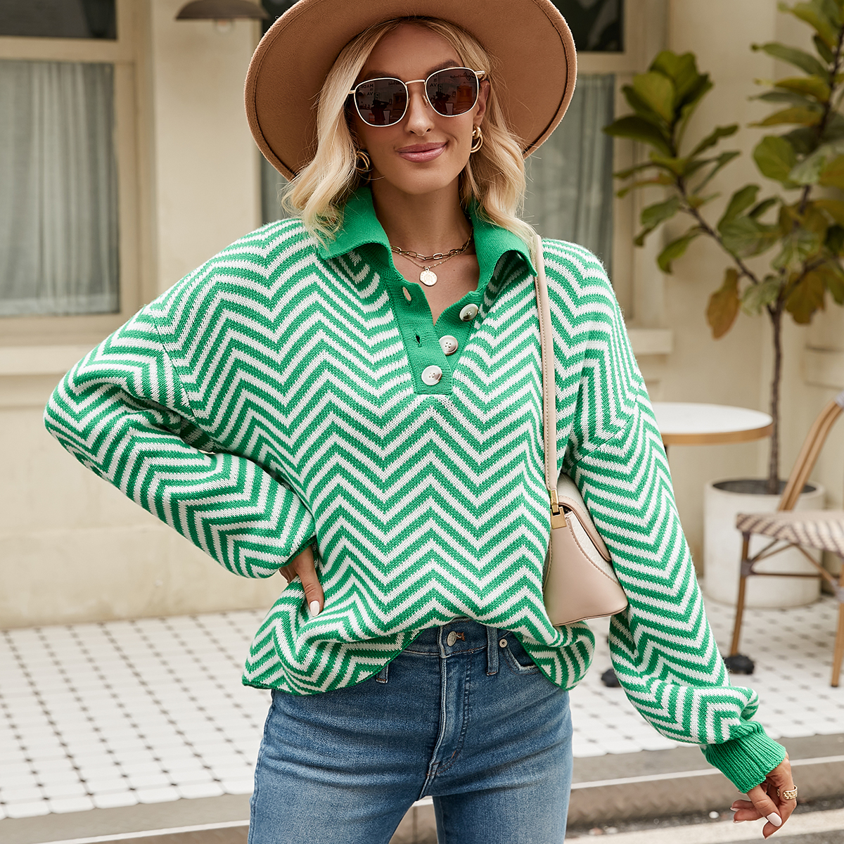 Women Striped Knitting Long Sleeve Color Block Turndown Collar Sweater