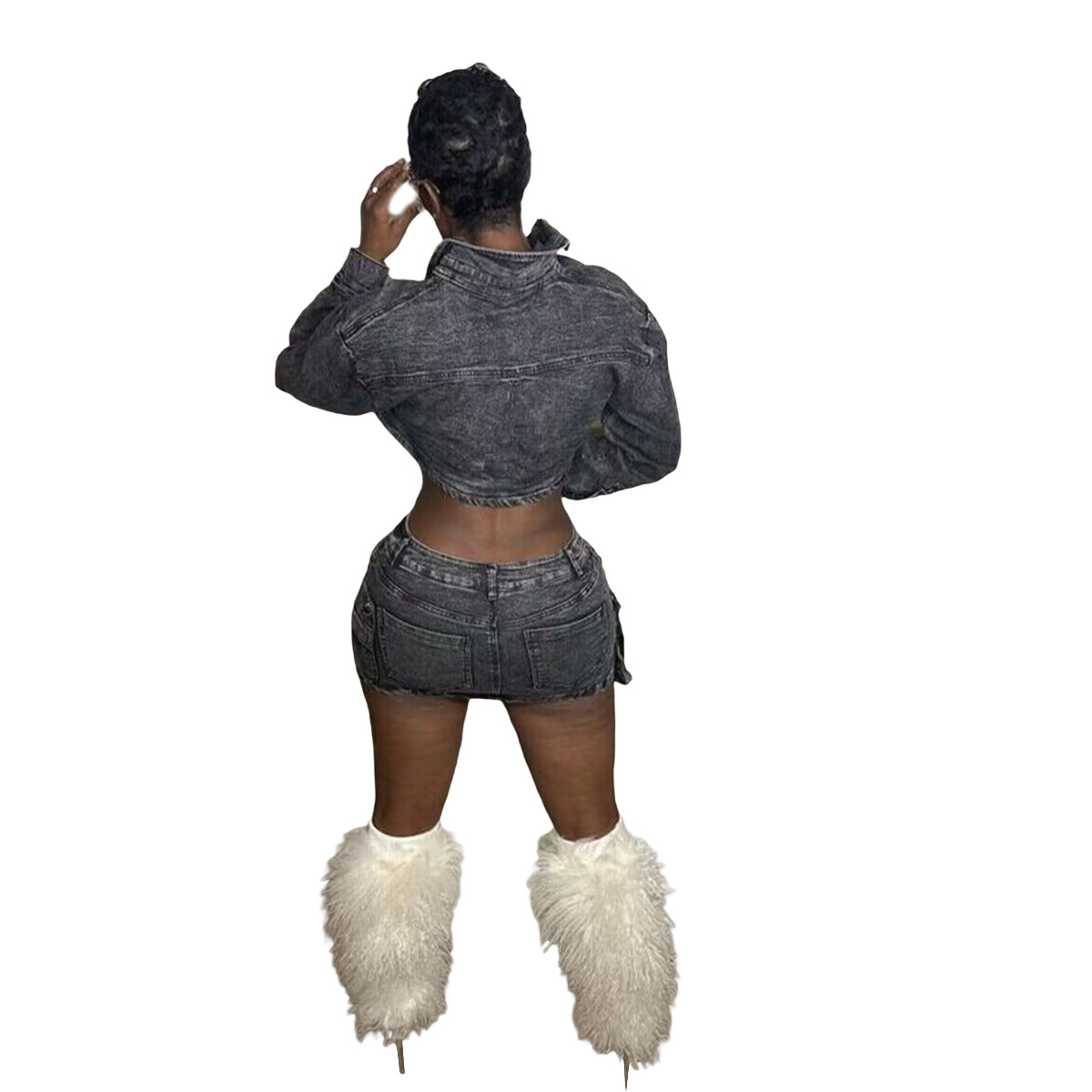 WomenStretch Sexy Denim Long Sleeve Top and Casual Pocket Dress Two Piece Set