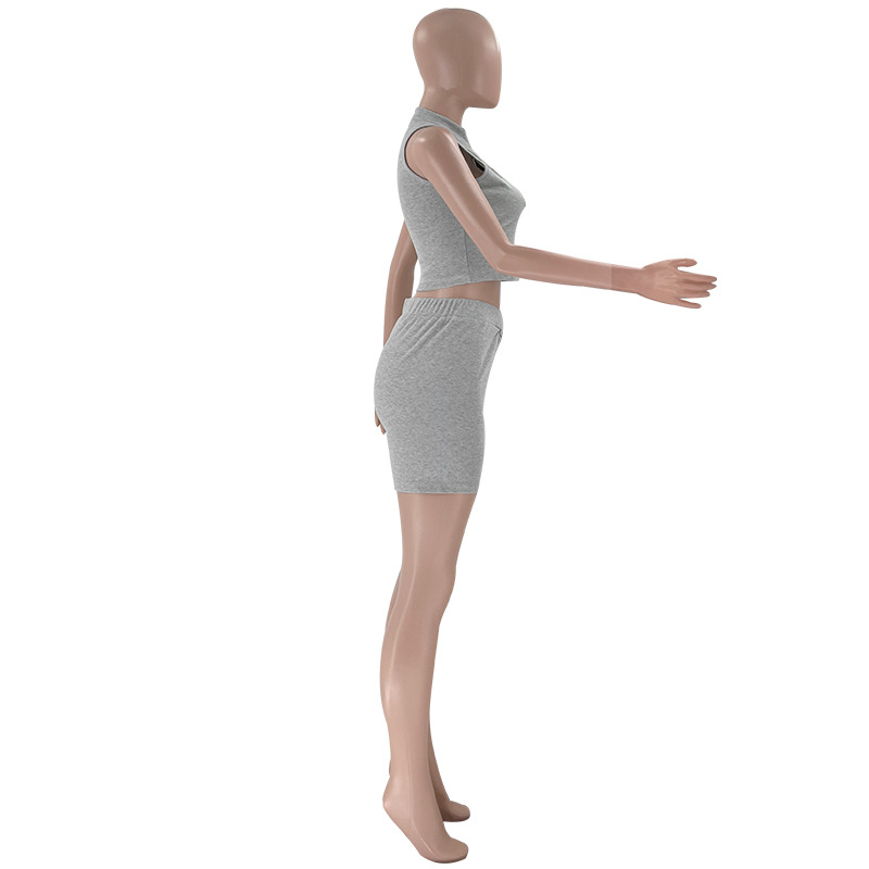 Women Summer Solid Sleeveless Zipper Collar Crop Top and Shorts Two Piece Set