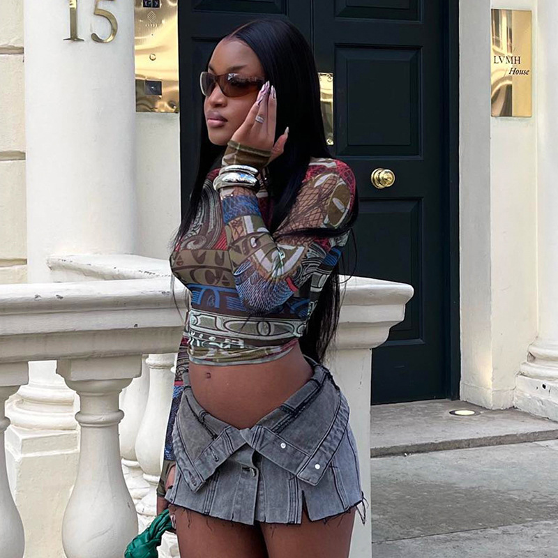 Women's Summer Sexy Mesh Digital Printing Round Neck Long Sleeve Crop Top