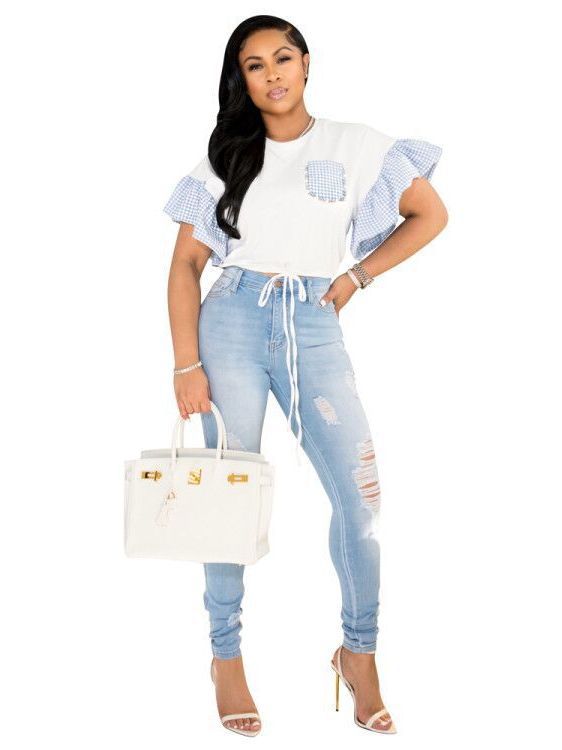 Women Round Neck Beaded Rhinestone Lace-Up Bell Bottom Sleeve Shirt