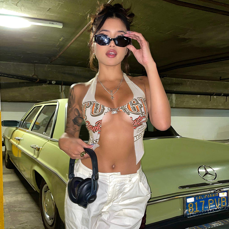 Womens Halter Neck Print Crop Tank Top