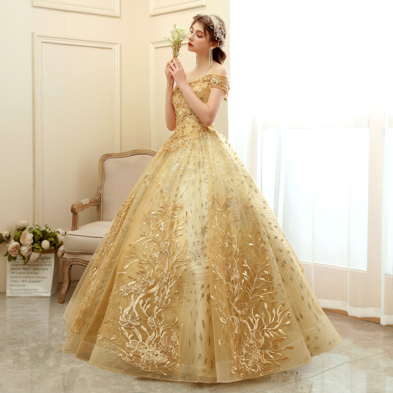 Women's Long Gold Off Shoulder Evening Dress