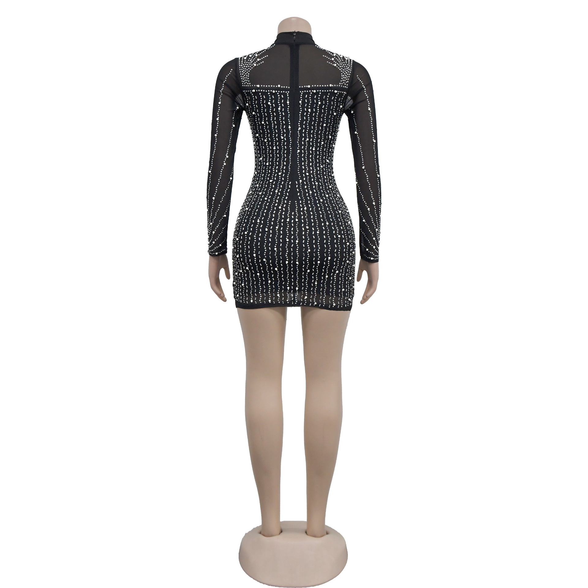 Women's Fashion Long Sleeve Mesh Beaded Bubble Bead Dress