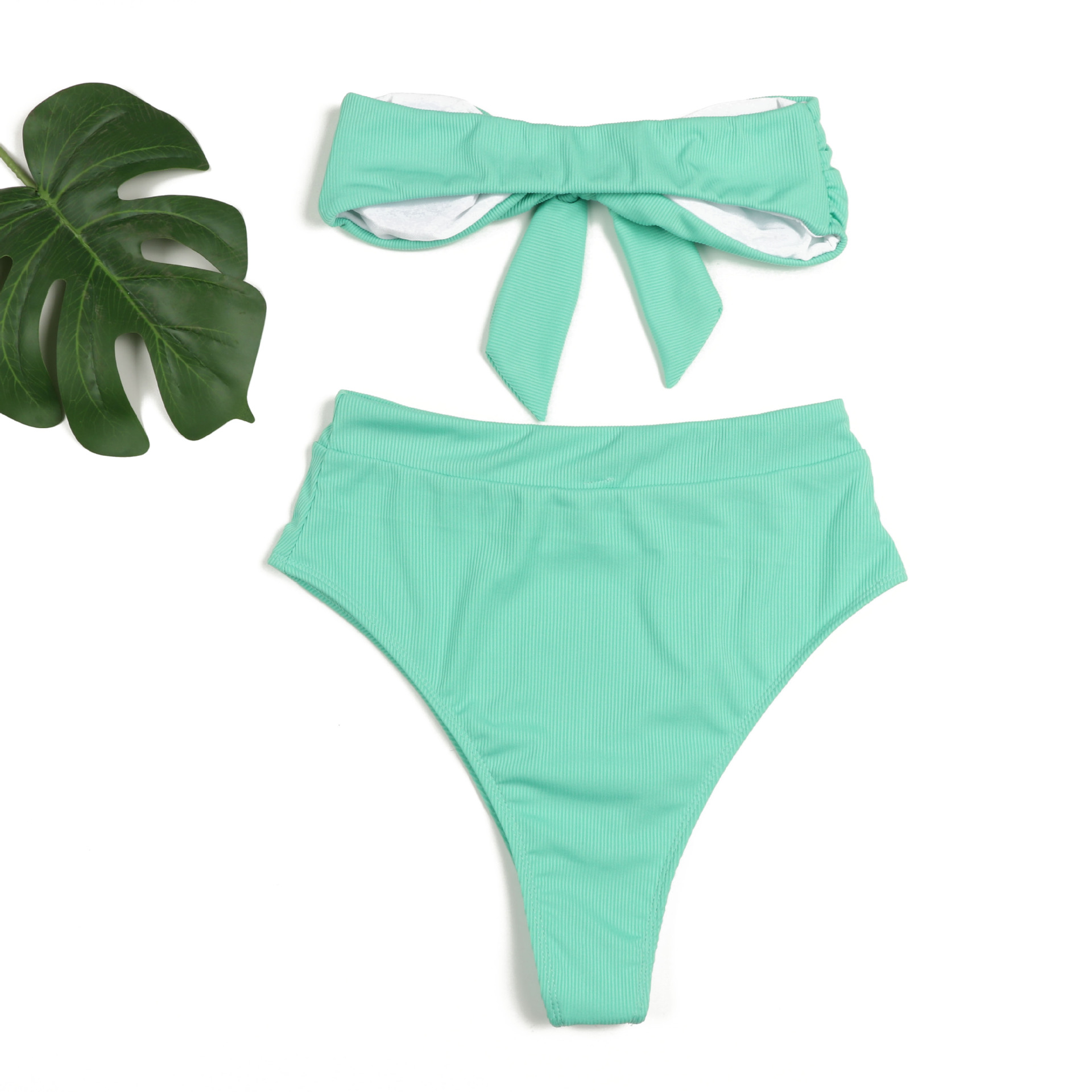 High Waist Women Two Pieces Bikini Strapless Ribbed Swimsuit