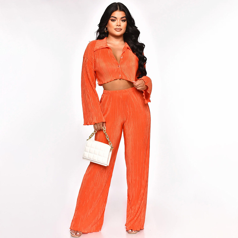 Women Solid Sexy Shirt and Casual Pants Two Piece Set