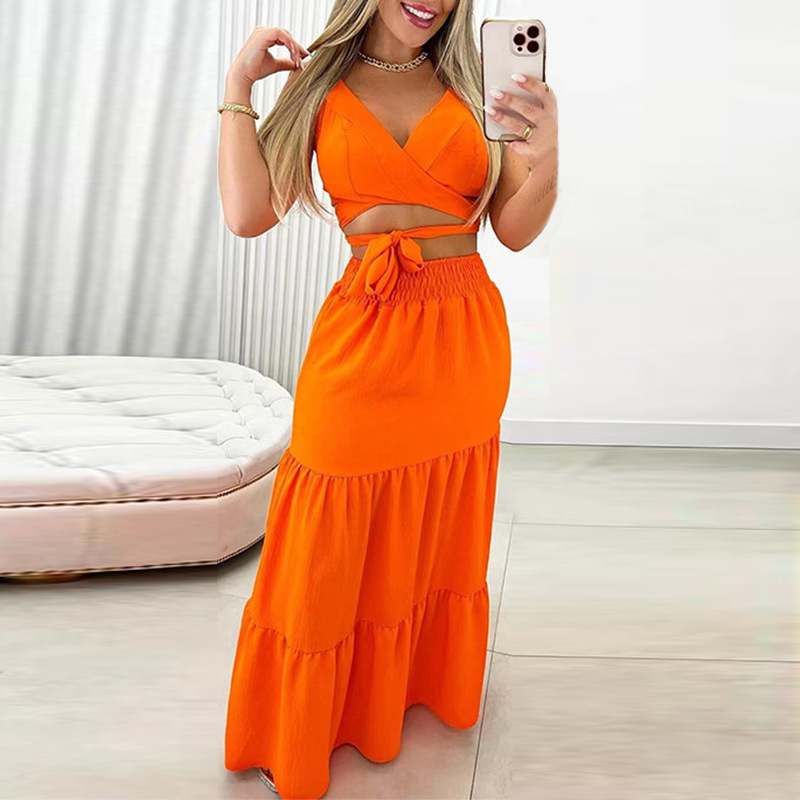 Plus Size Women's Summer Lace-Up Tank Top High Waisted Full Length Skirt Fashion Casual Set