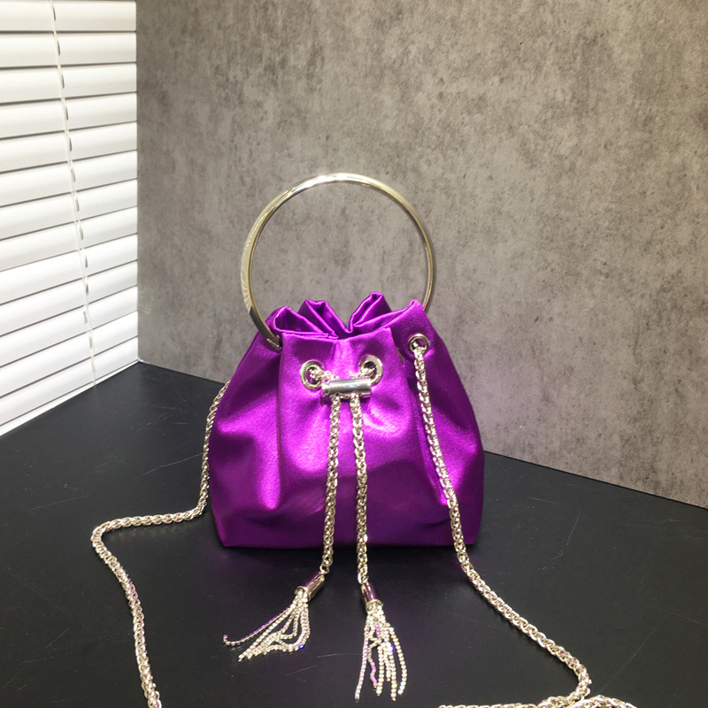 Women's Dinner Bag Flash Diamond Tassel Drawstring Satin Handheld Mini Bucket Bag Chain Messenger Bag