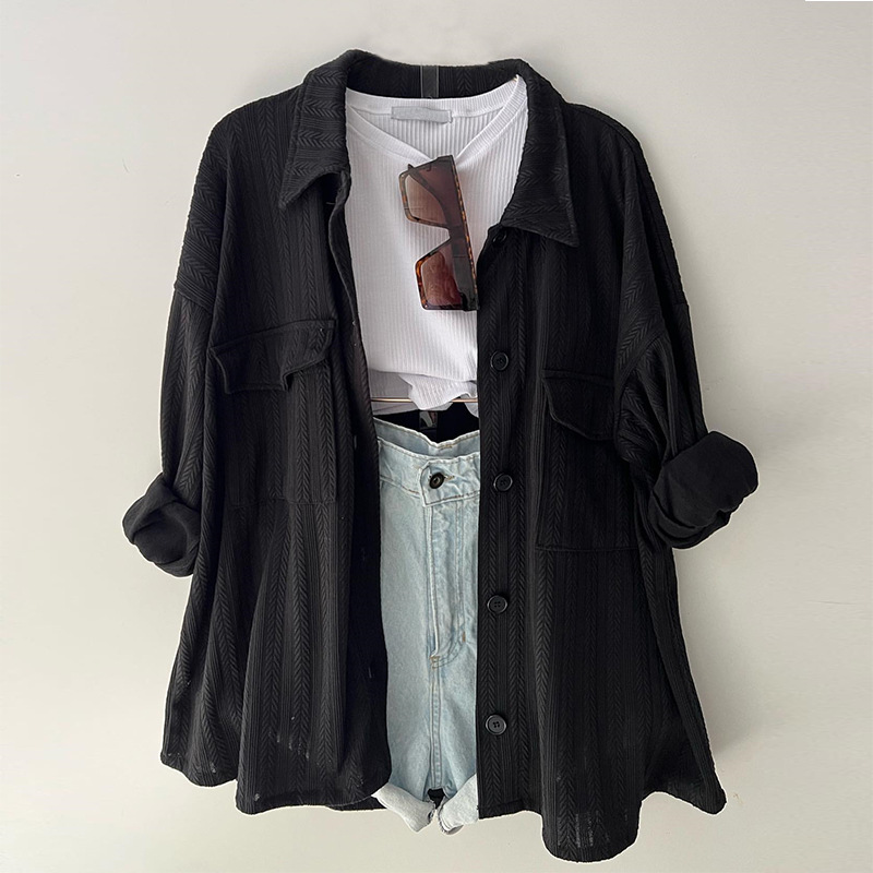 Women's Spring Loose Plus Size Patch Pockets Turndown Collar Long Sleeve Shirt