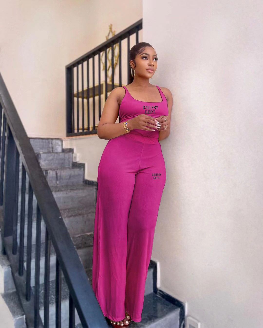 Women's Fashion Tank Top Open Back Casual Print Sports Bell Bottom Two-Piece Set