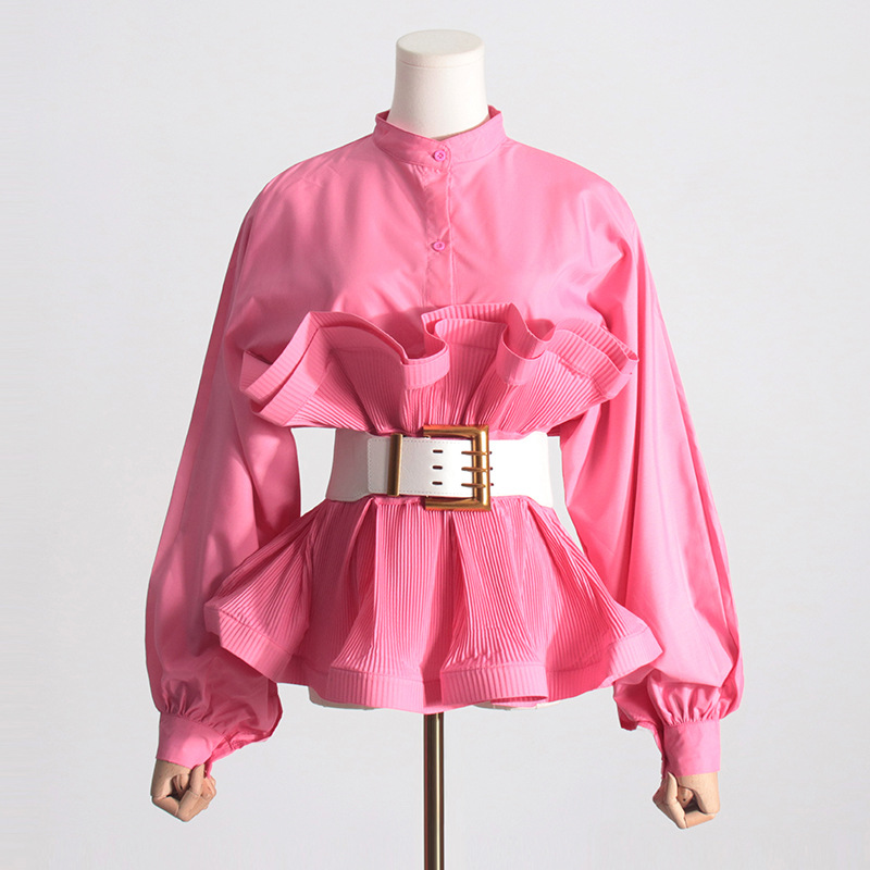 Long Sleeve Ruffle Blouse Women Autumn High Waist Stand Collar Slim Top with Belt