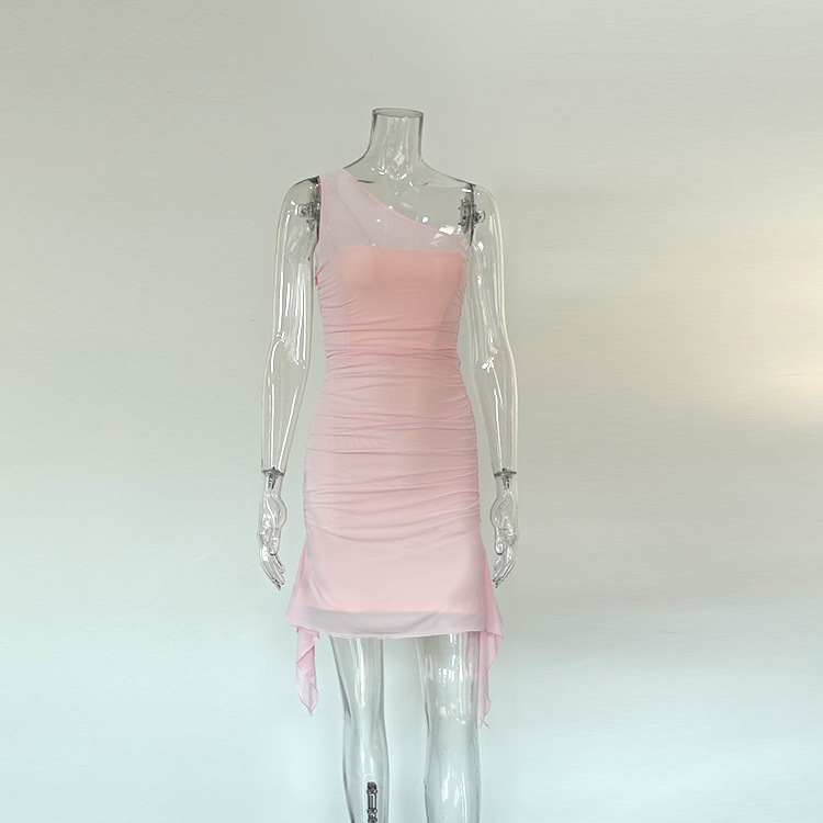 Women's Chic Premium Slash Shoulder Mesh Patchwork Tight Fitting Bodycon Dress