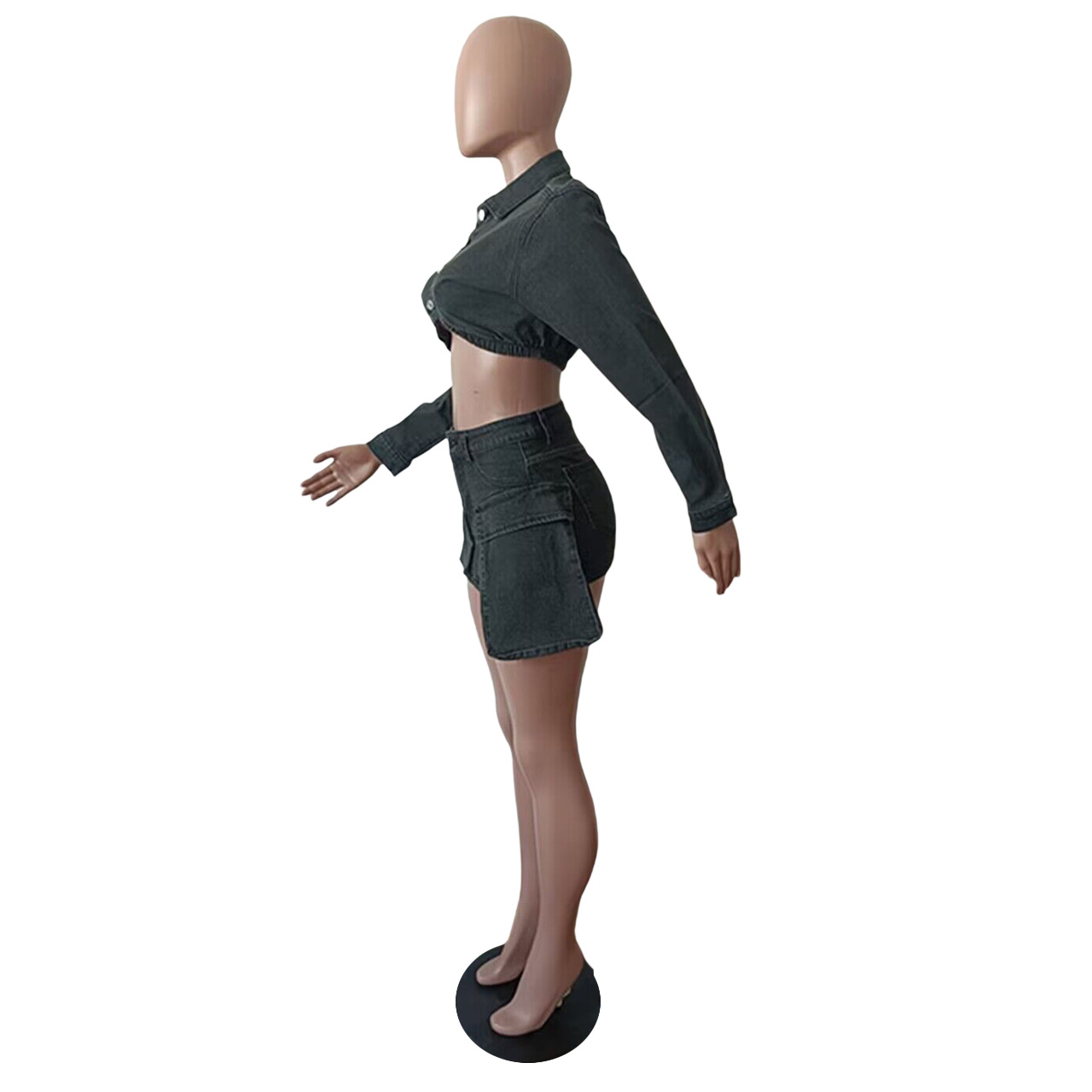 WomenStretch Sexy Denim Long Sleeve Top and Casual Pocket Dress Two Piece Set