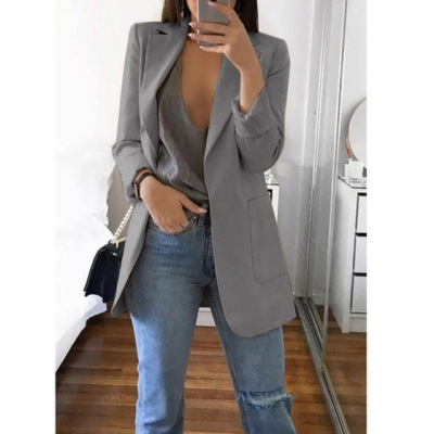 Spring Fall Women's Long Sleeve Plain Pocket Cardigan Blazer Jacket