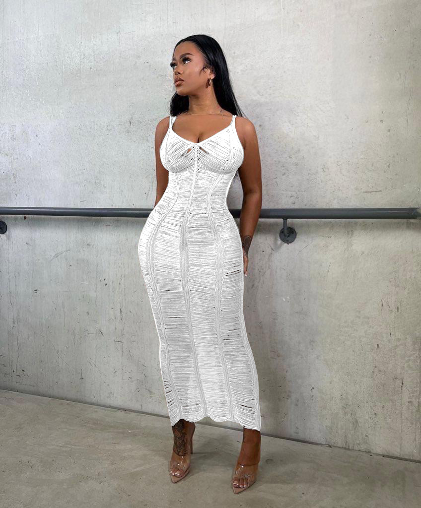 Women Casual Solid knitting Hollow Strap Beach Dress