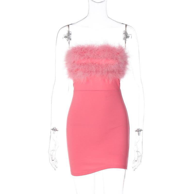 Summer Sexy Low Back Chic Furry Strapless Bodycon Dress Women