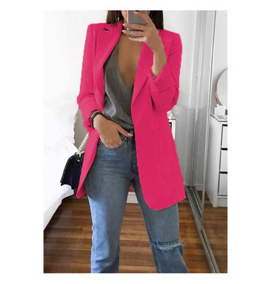 Spring Fall Women's Long Sleeve Plain Pocket Cardigan Blazer Jacket