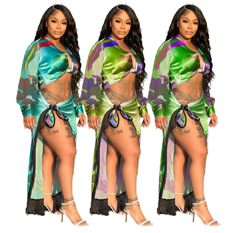 Women Sexy Print Long Sleeve Top and Tassel Skirt Two Piece Set