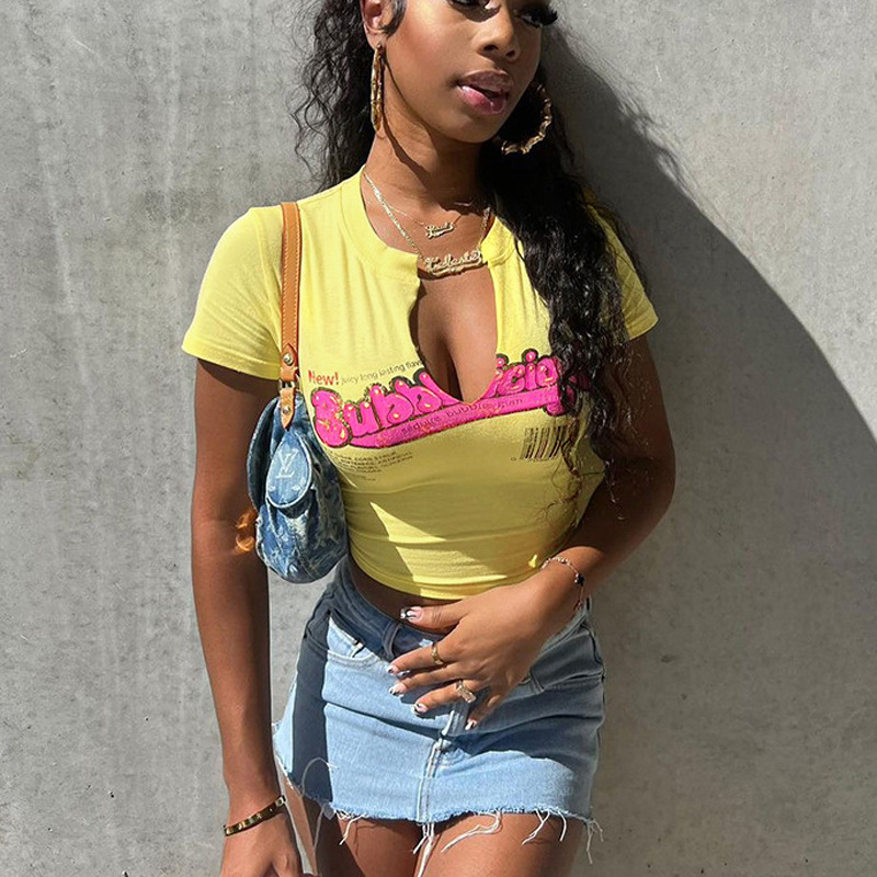 Basic Letter Print Hollow V-Neck Short-sleeved T-Shirt Women's Summer Sexy Fashion Casual Tops