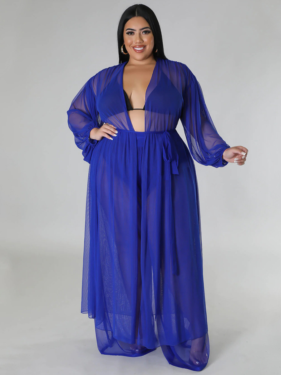 Women's Solid Bat Sleeves Sexy See-Through Long Sleeve Plus Size Two-Piece Pants Set