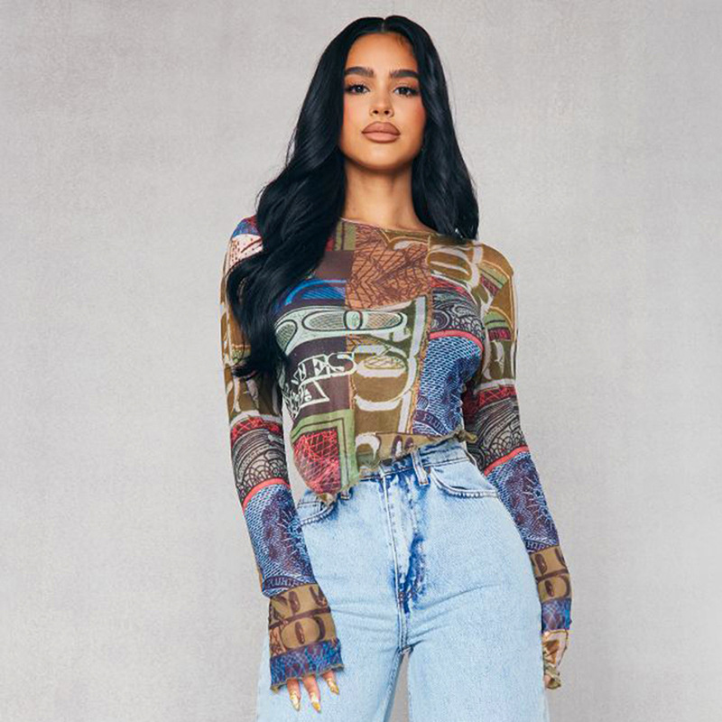 Women's Summer Sexy Mesh Digital Printing Round Neck Long Sleeve Crop Top